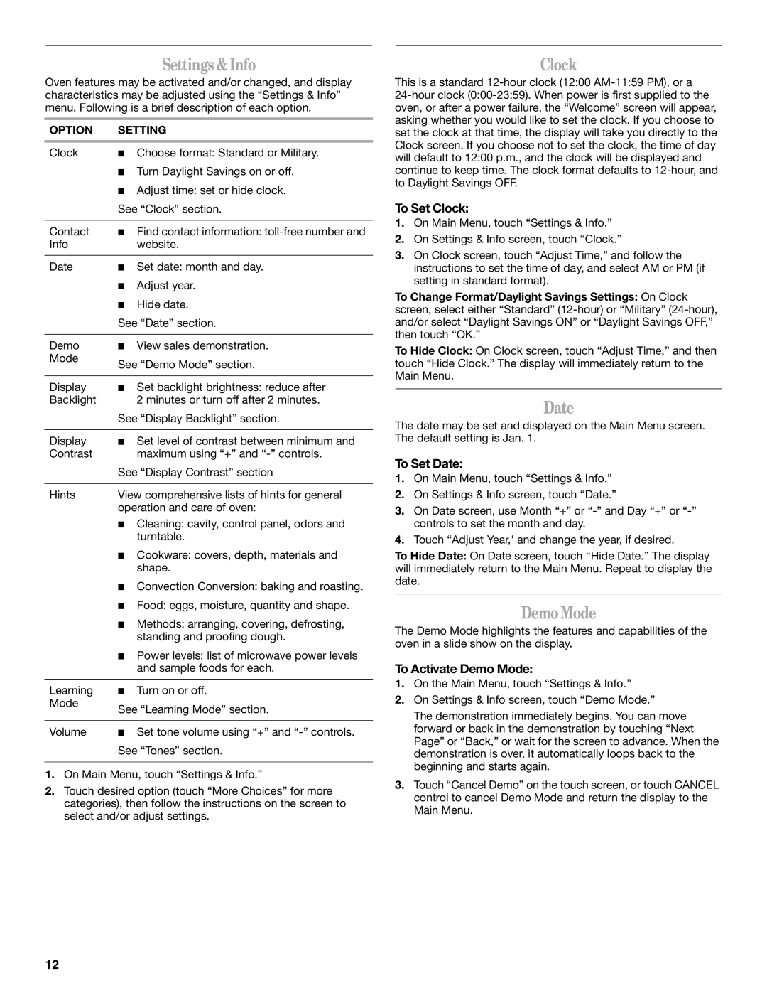 Whirlpool GH7208XR manual Settings & Info, Clock, Date, Demo Mode 