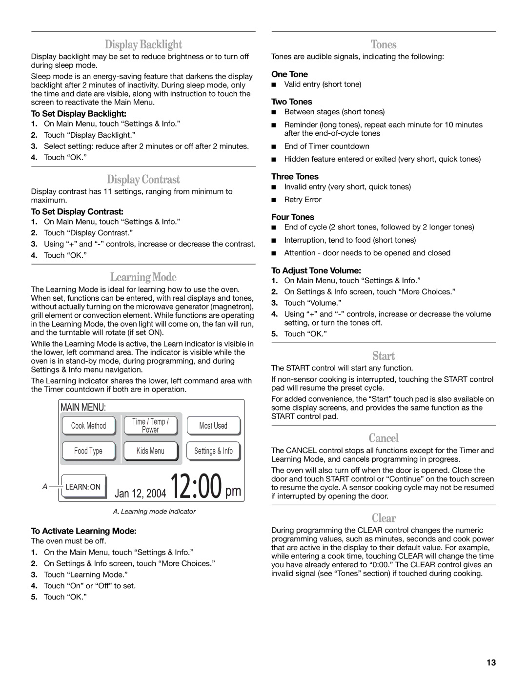 Whirlpool GH7208XR manual Display Backlight, Tones, Display Contrast, Learning Mode, Start, Cancel, Clear 