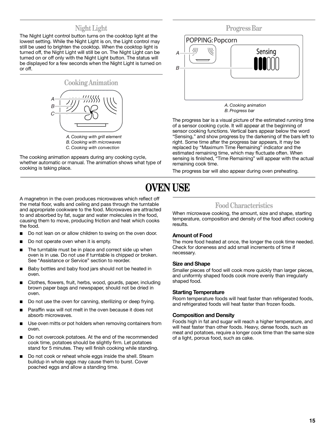 Whirlpool GH7208XR manual Oven USE, Night Light, Cooking Animation, Progress Bar, Food Characteristics 