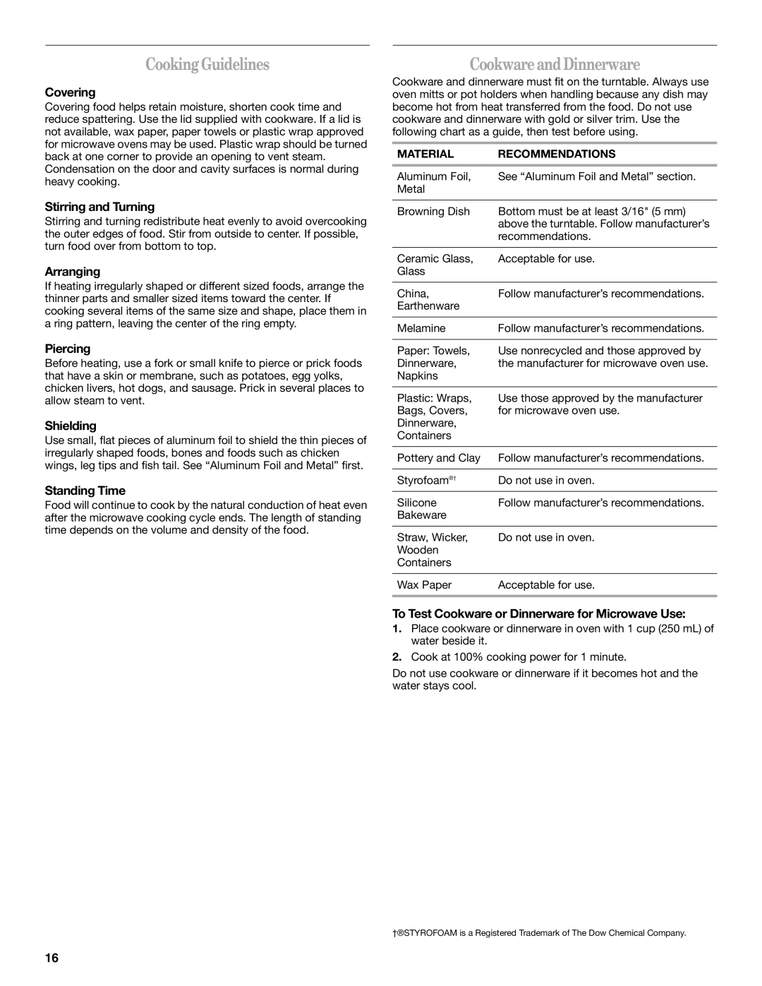 Whirlpool GH7208XR manual Cooking Guidelines, Cookware and Dinnerware 