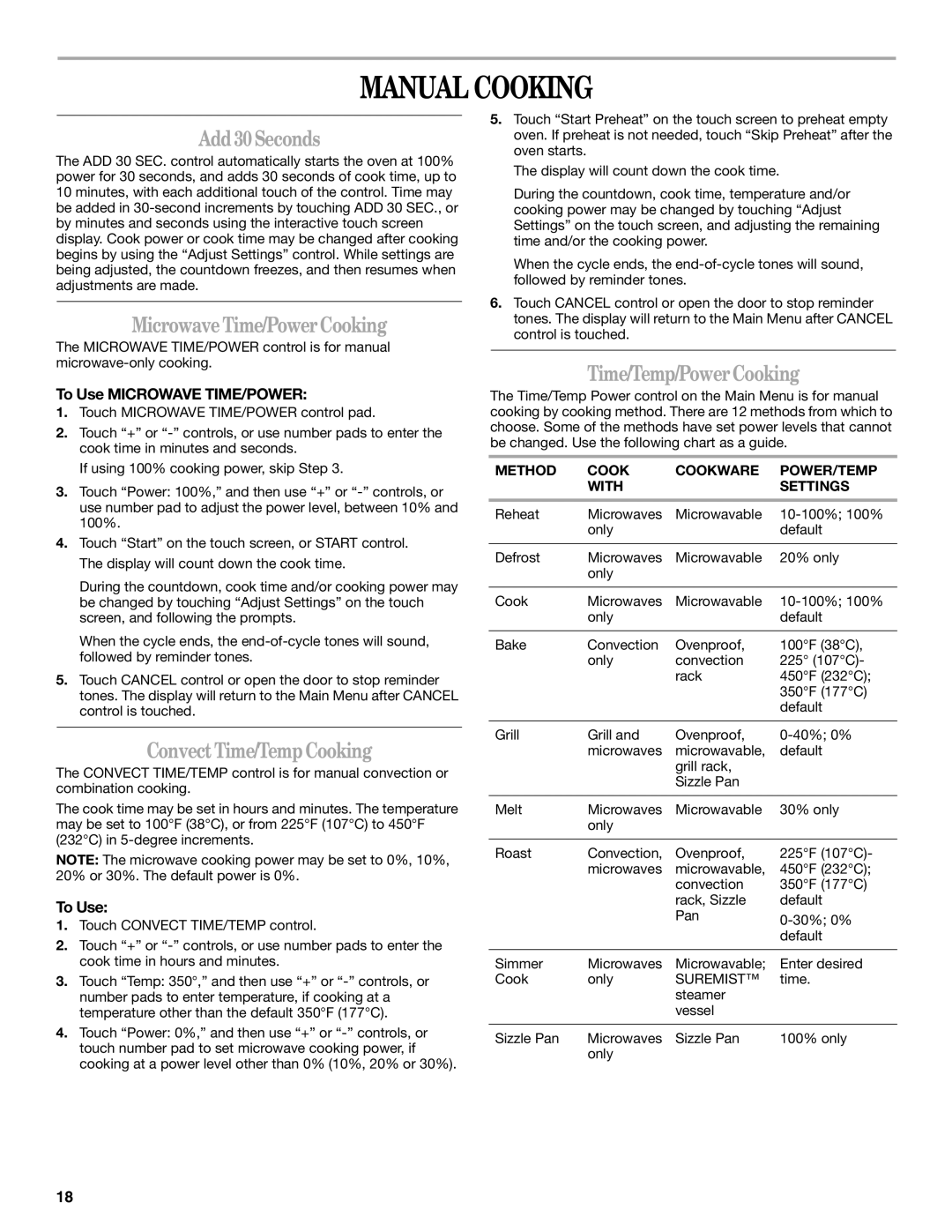 Whirlpool GH7208XR manual Manual Cooking, Add 30 Seconds, Microwave Time/Power Cooking, Convect Time/Temp Cooking 
