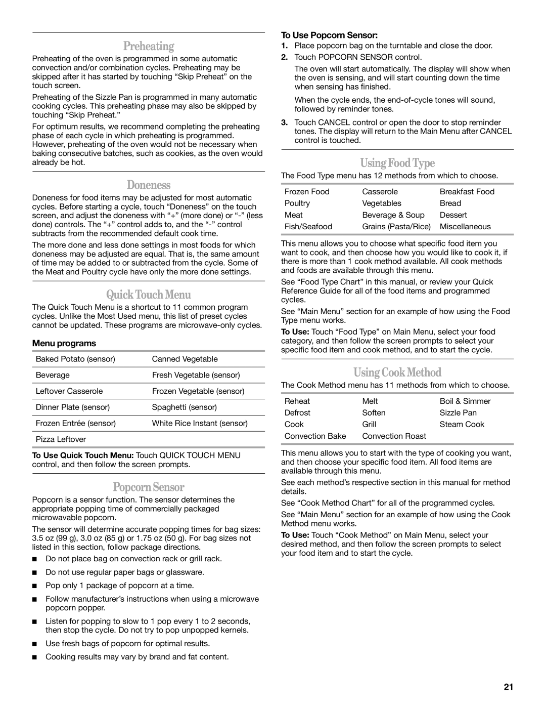 Whirlpool GH7208XR manual Preheating, Doneness, Quick TouchMenu, Popcorn Sensor, Using Food Type, Using Cook Method 