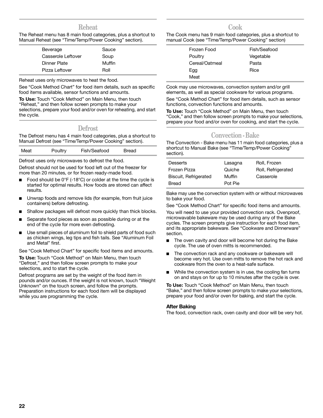 Whirlpool GH7208XR manual Reheat, Defrost, Cook, Convection- Bake, After Baking 