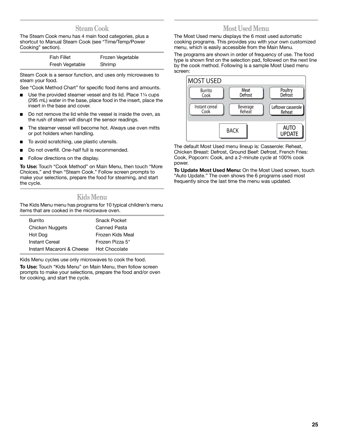 Whirlpool GH7208XR manual Steam Cook, Kids Menu, Most Used Menu 