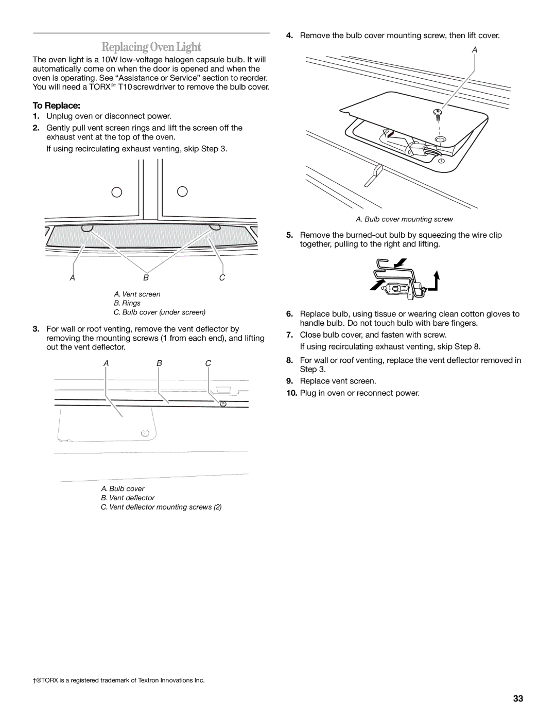 Whirlpool GH7208XR manual Replacing Oven Light, Abc 