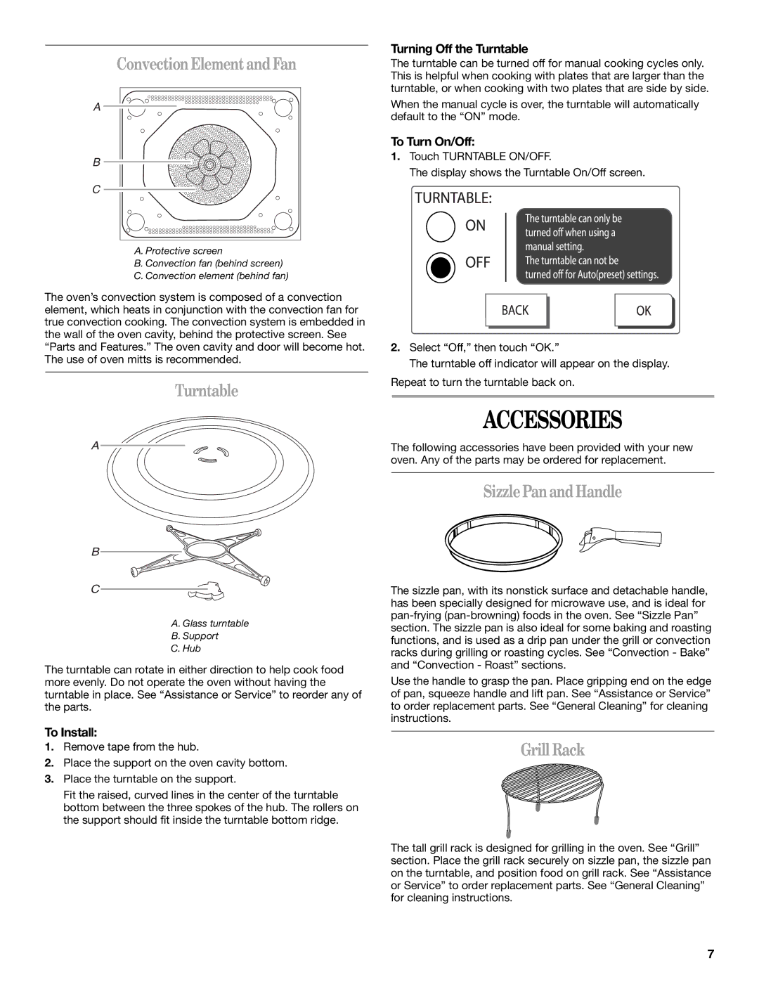 Whirlpool GH7208XR manual Accessories, Convection Element and Fan, Turntable, Sizzle Panand Handle, Grill Rack 