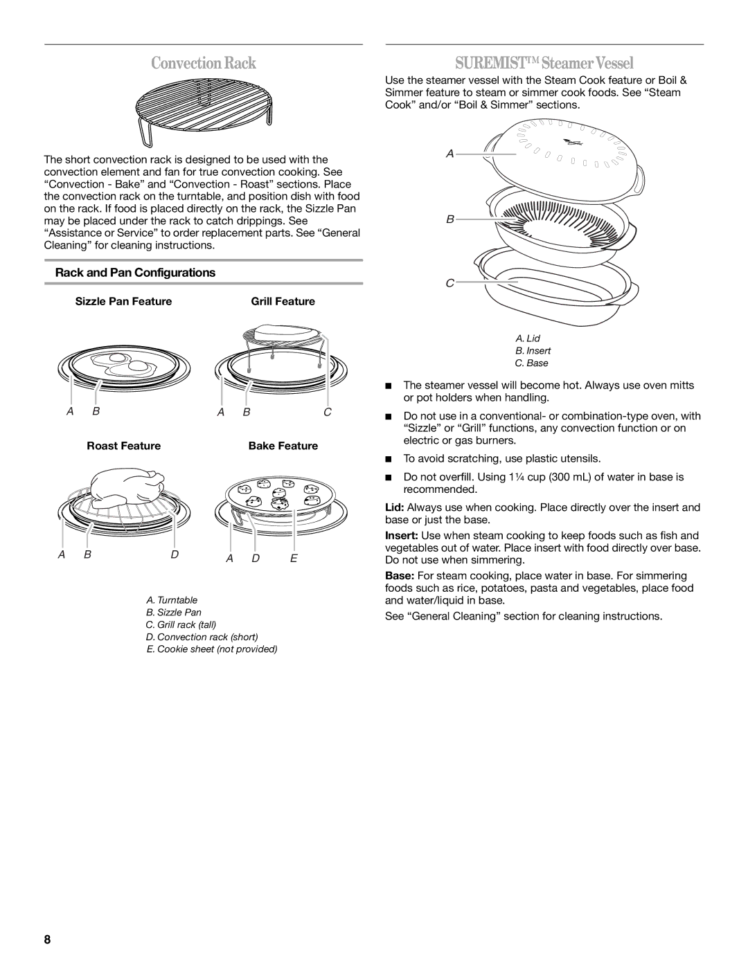 Whirlpool GH7208XR manual Convection Rack, Suremist Steamer Vessel, Rack and Pan Configurations 