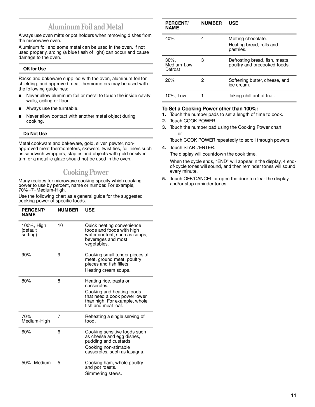 Whirlpool GH8155XJ manual Aluminum Foil and Metal, To Set a Cooking Power other than 100%, Percent Number USE Name 