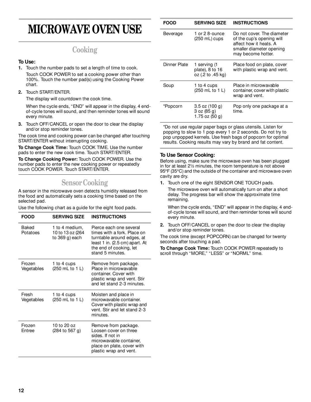 Whirlpool GH8155XJ manual To Use Sensor Cooking, Food Serving Size Instructions 