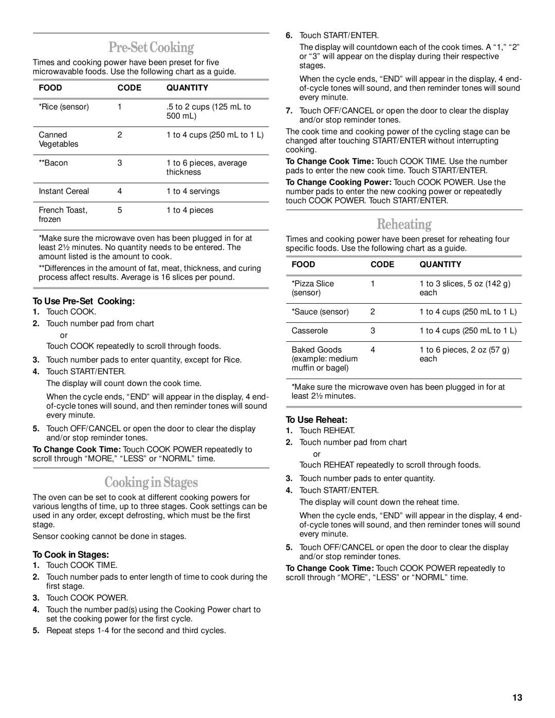 Whirlpool GH8155XJ manual Pre-Set Cooking, Cooking in Stages, Reheating 