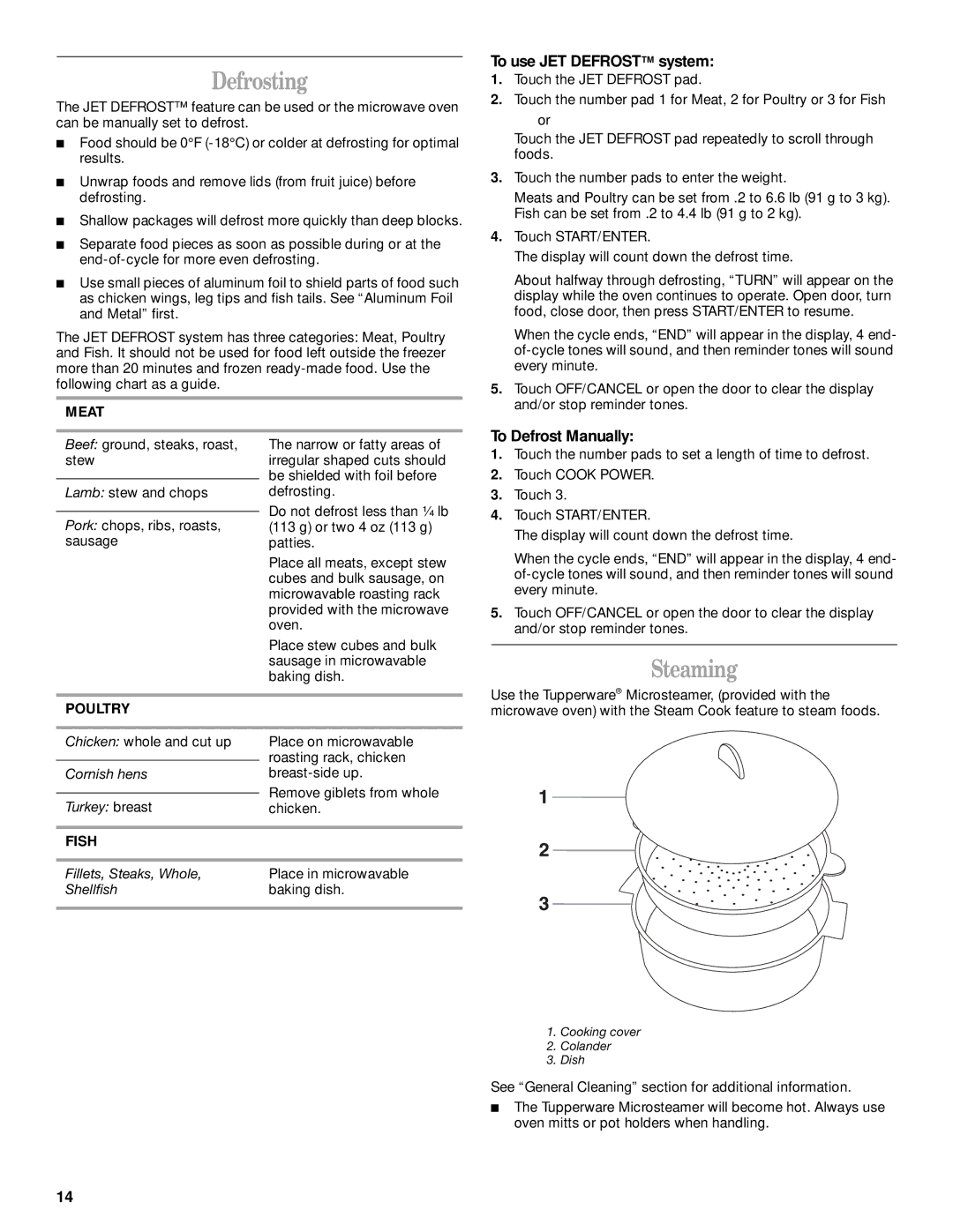 Whirlpool GH8155XJ manual Defrosting, Steaming, To use JET Defrost system, To Defrost Manually 