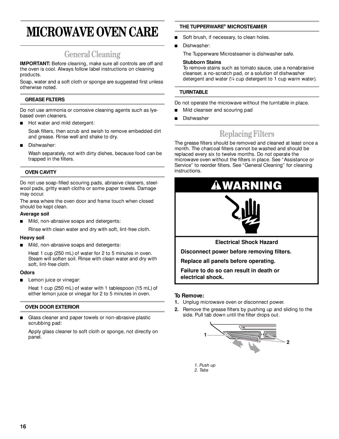 Whirlpool GH8155XJ manual General Cleaning, Replacing Filters 