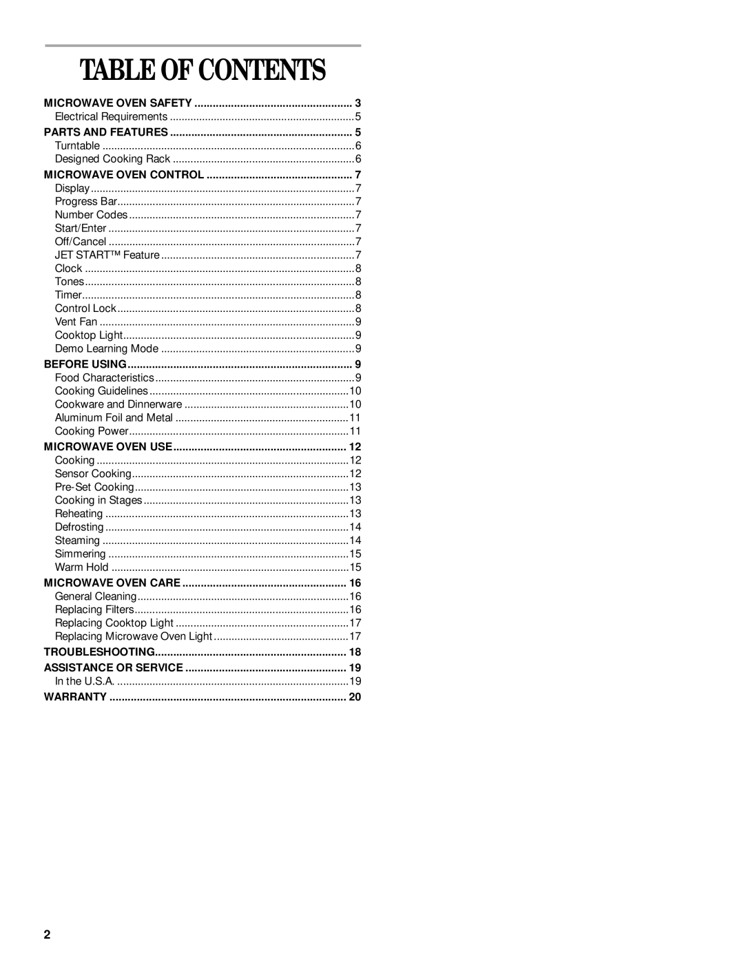 Whirlpool GH8155XJ manual Table of Contents 