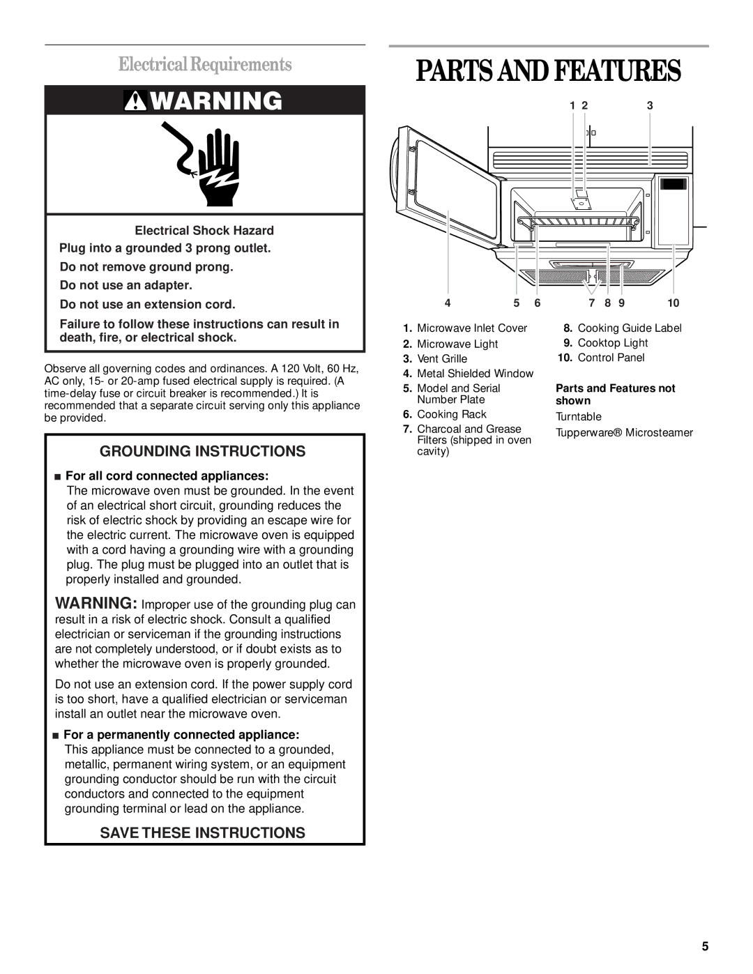 Whirlpool GH8155XJ manual Electrical Requirements, Parts and Features not shown 