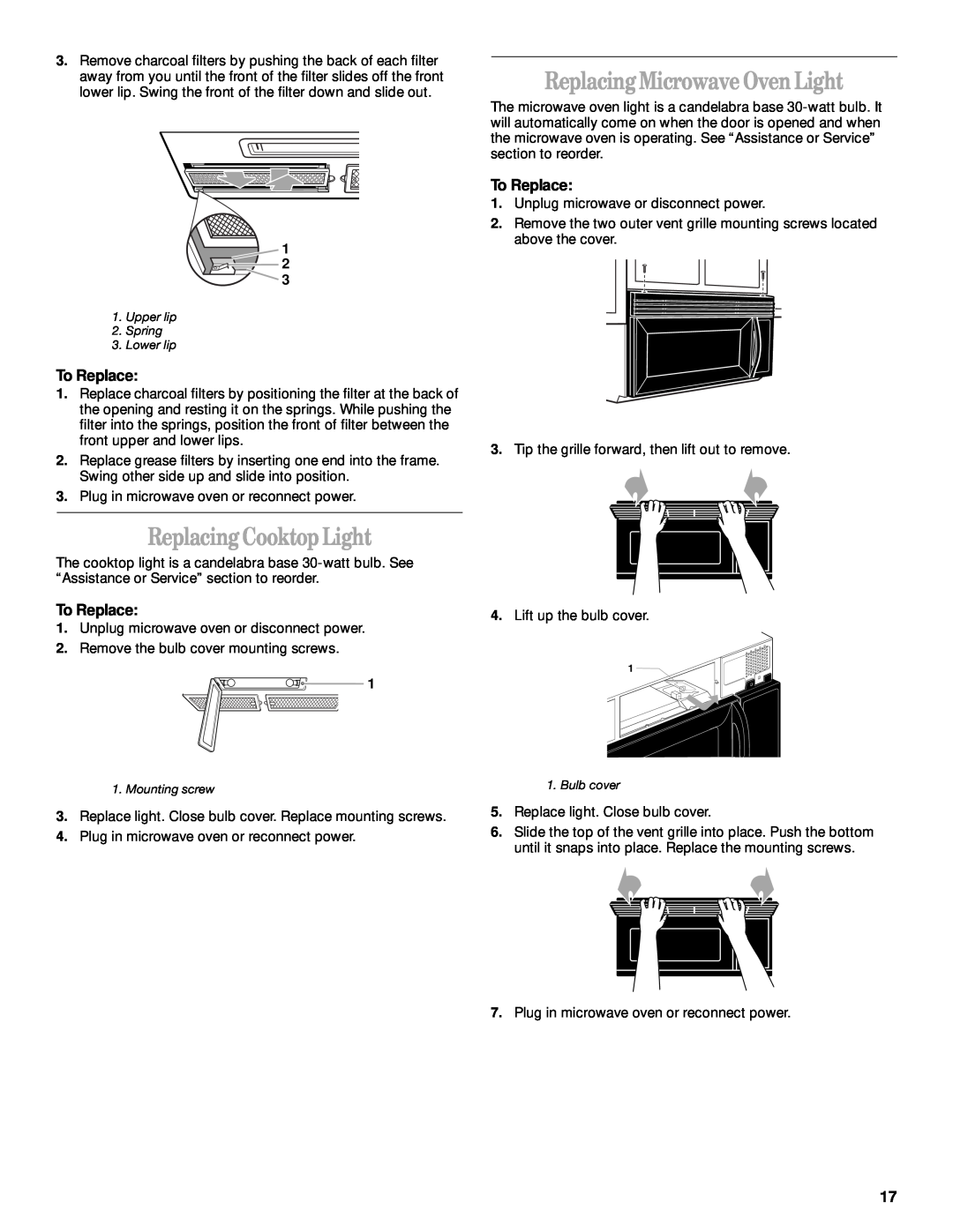 Whirlpool GH8155XJ manual Replacing Cooktop Light, Replacing Microwave Oven Light, To Replace 