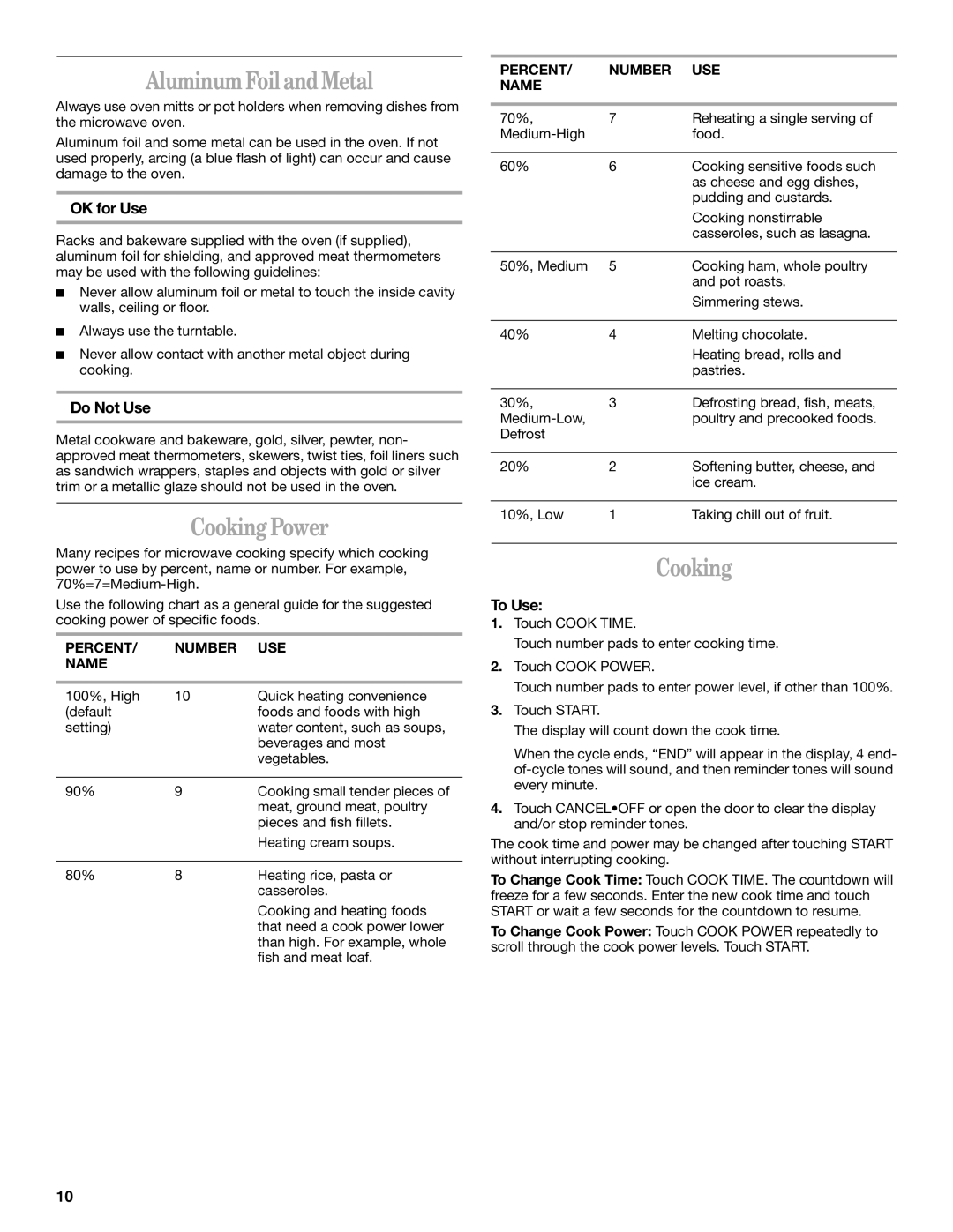 Whirlpool GH8155XM manual Aluminum Foil and Metal, Cooking Power 