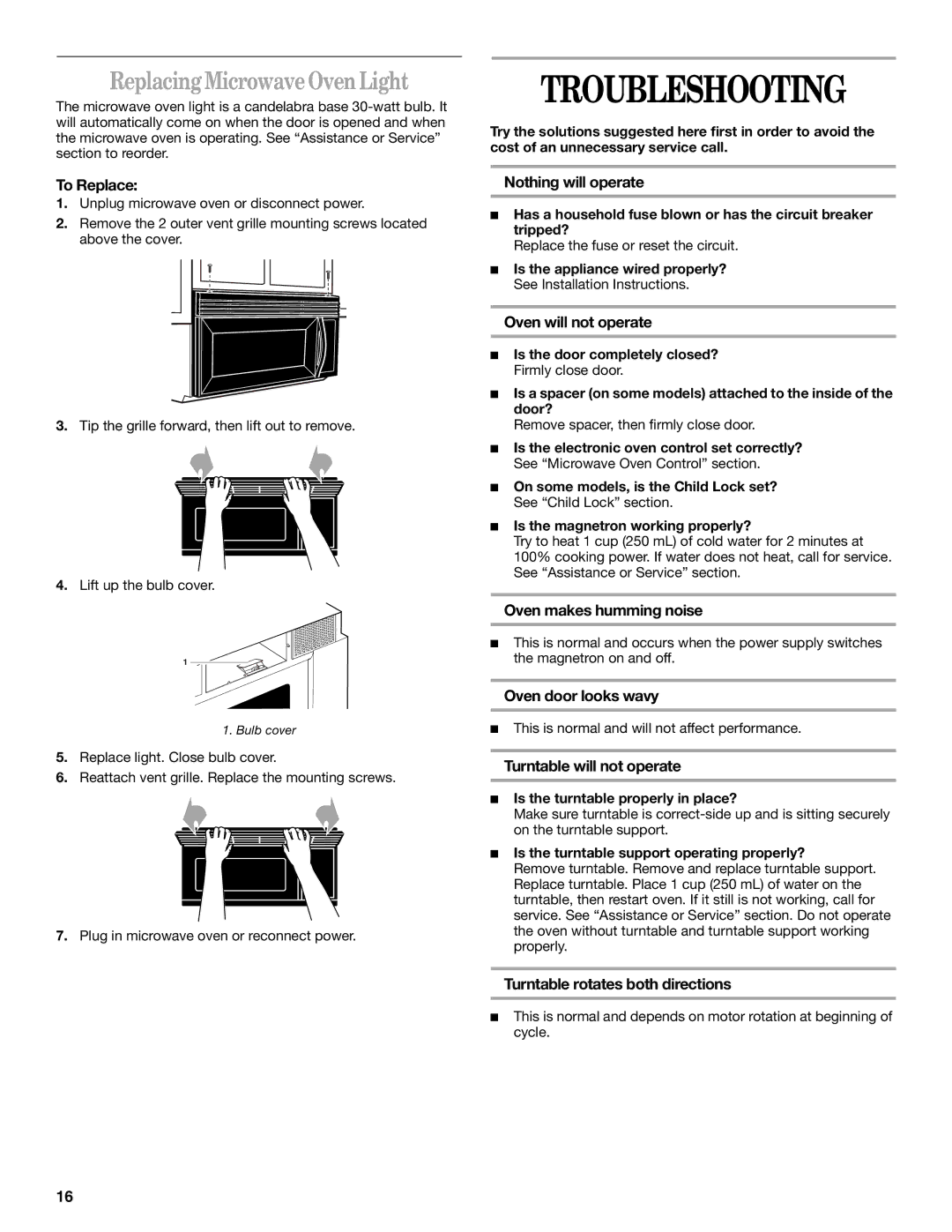 Whirlpool GH8155XM manual Troubleshooting, Replacing Microwave Oven Light 