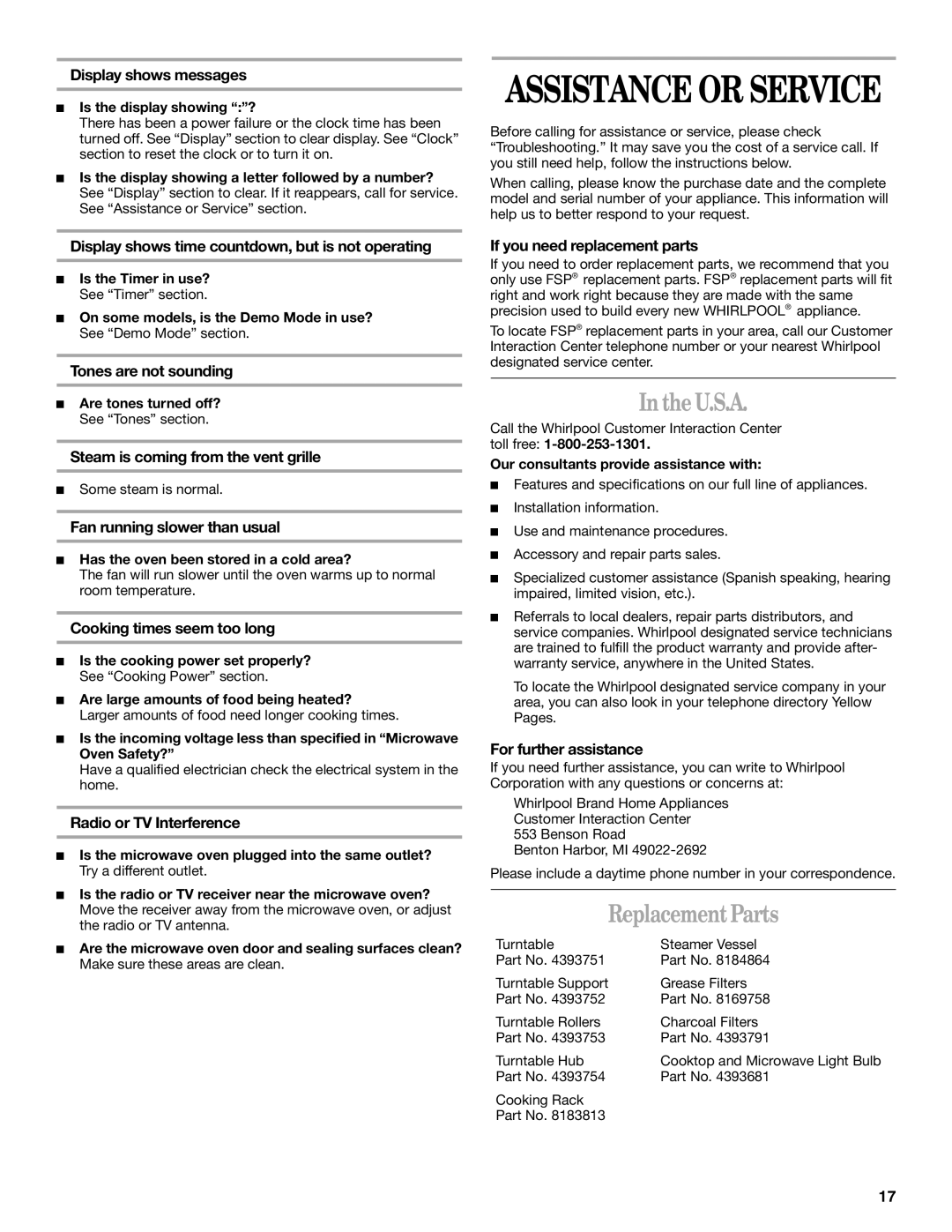 Whirlpool GH8155XM manual U.S.A, Replacement Parts 