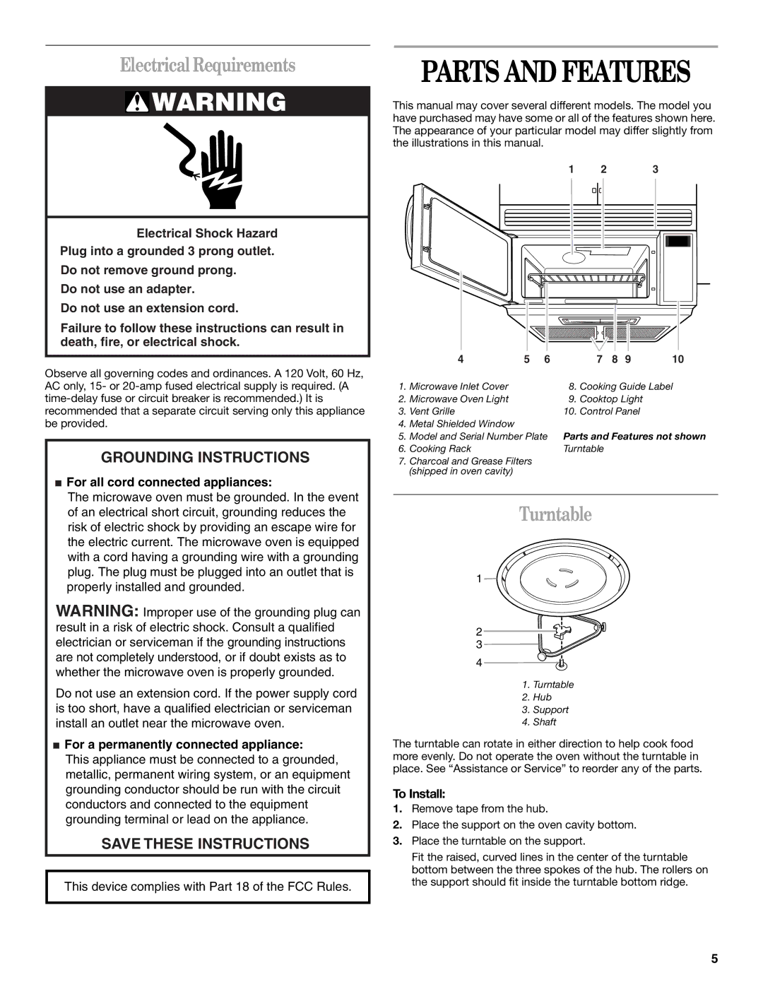 Whirlpool GH8155XM manual Parts and Features, Electrical Requirements, Turntable, To Install 