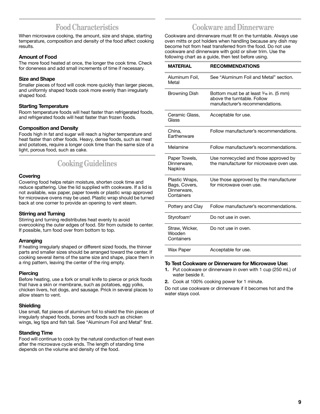 Whirlpool GH8155XM manual Food Characteristics, Cooking Guidelines, Cookware and Dinnerware 