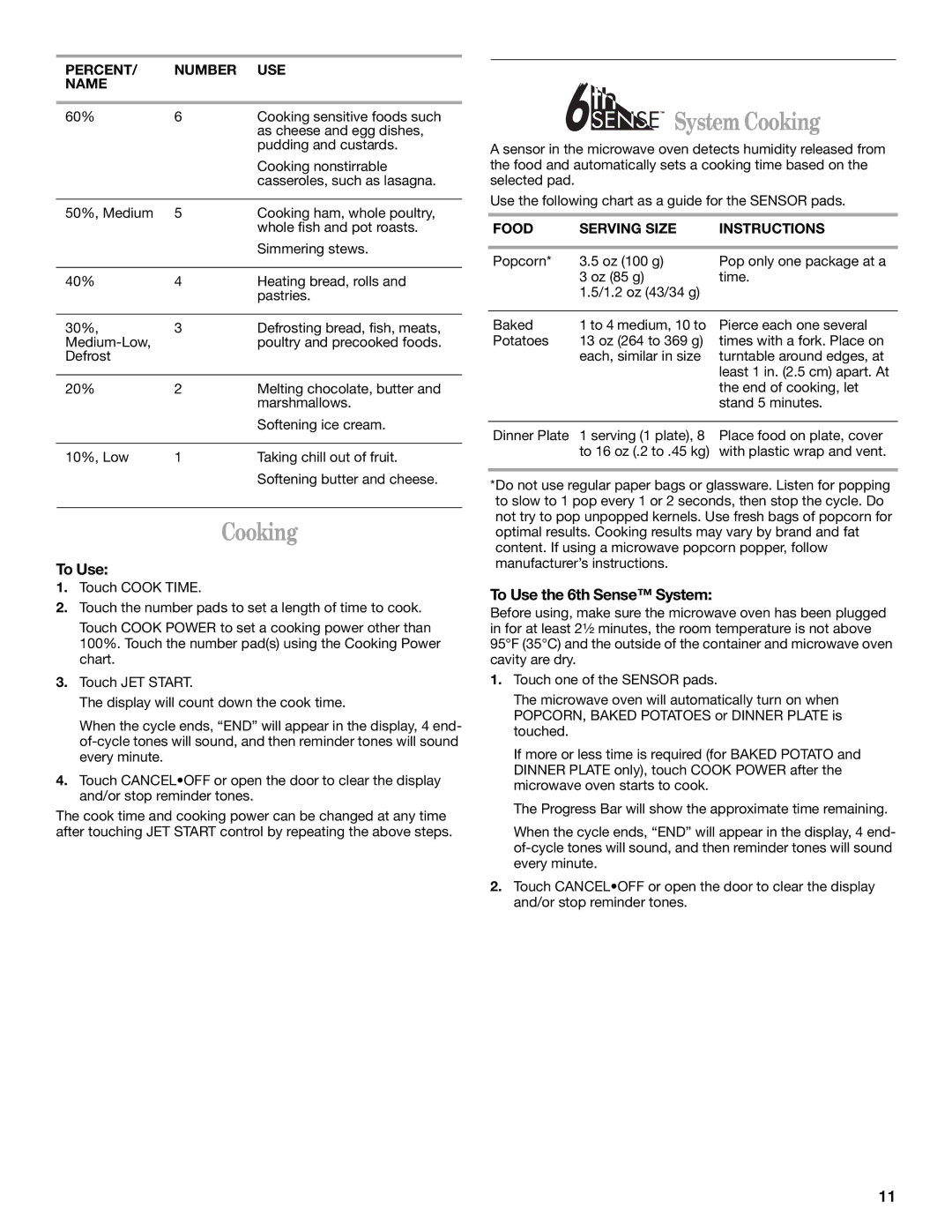 Whirlpool GH9176XM manual System Cooking, To Use the 6th Sense System, Food Serving Size Instructions 