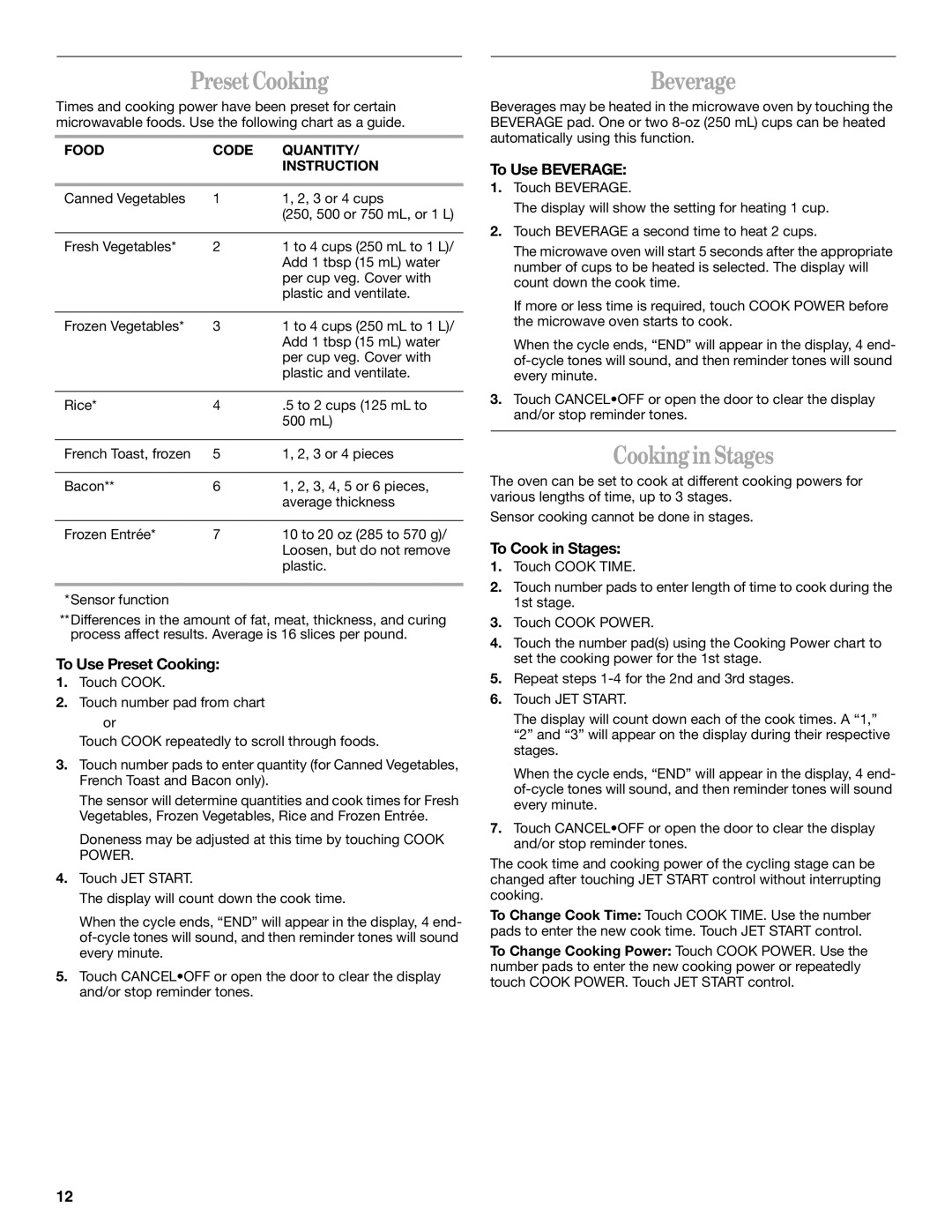 Whirlpool GH9176XM manual Preset Cooking, Beverage, Cooking in Stages 