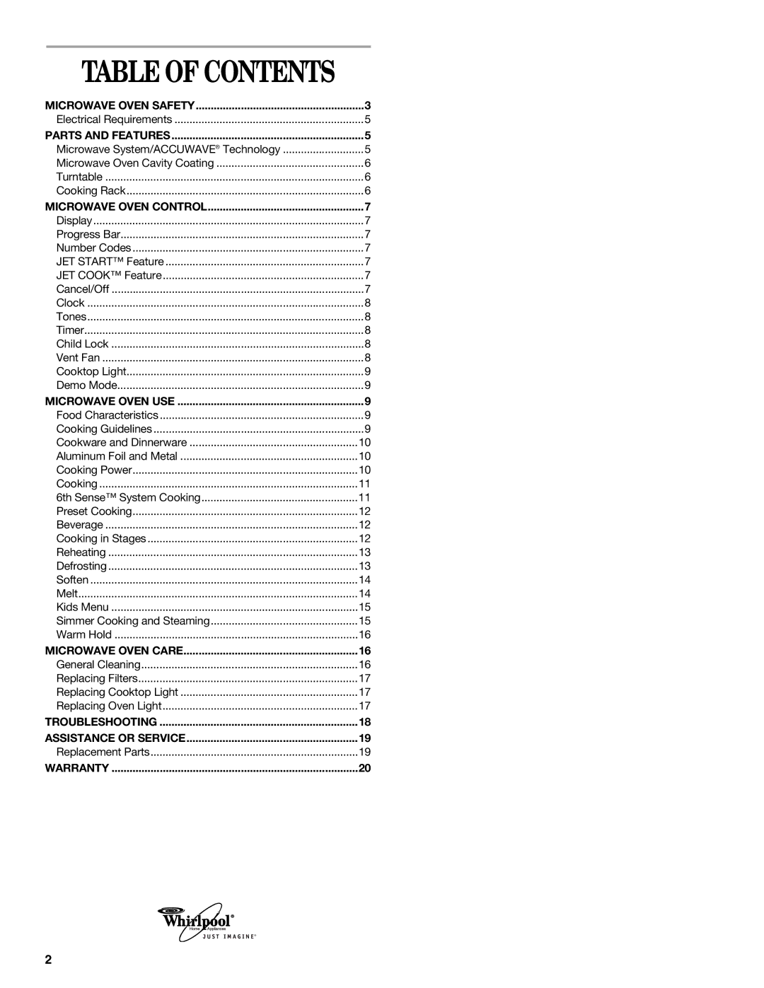 Whirlpool GH9176XM manual Table of Contents 