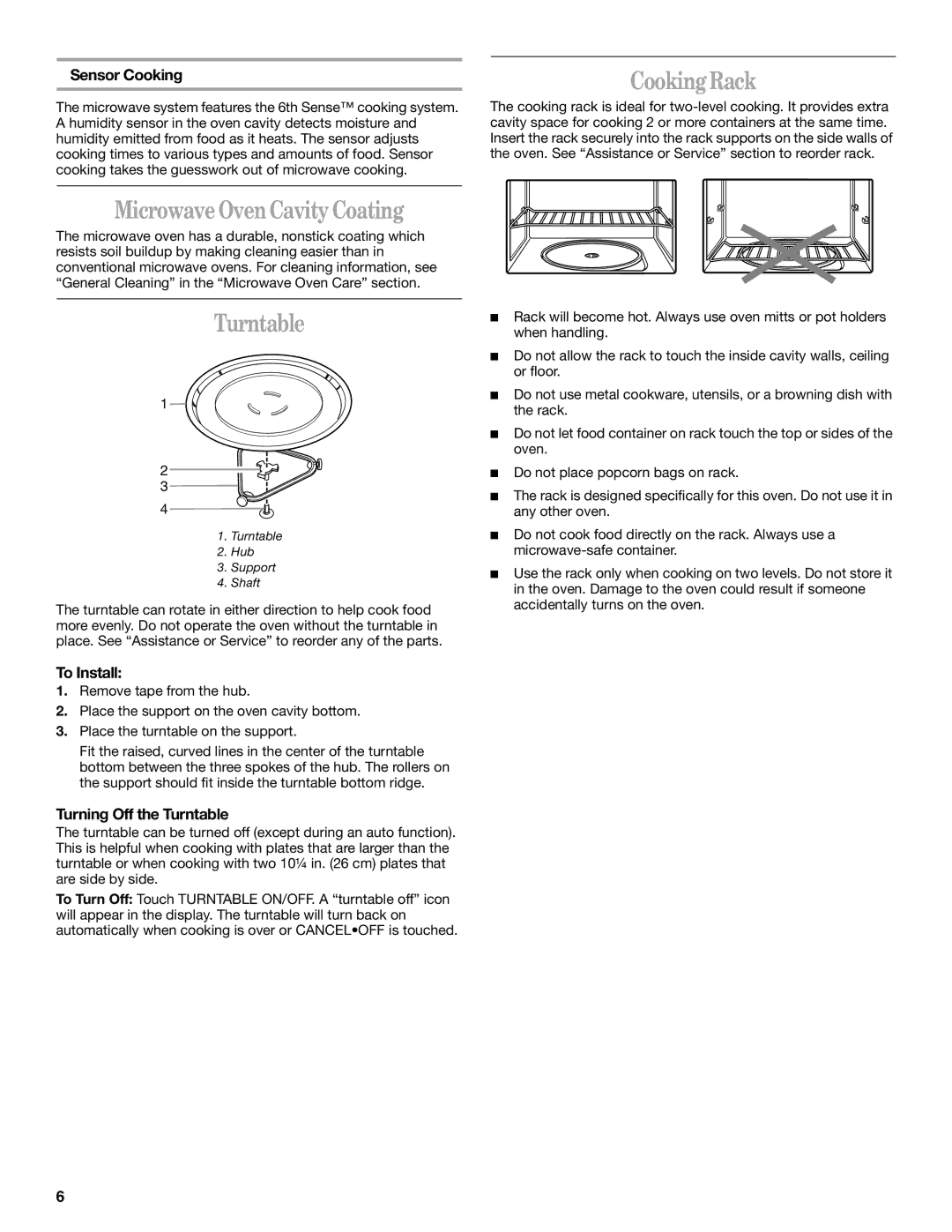 Whirlpool GH9176XM manual Cooking Rack, Microwave Oven Cavity Coating, Turntable 