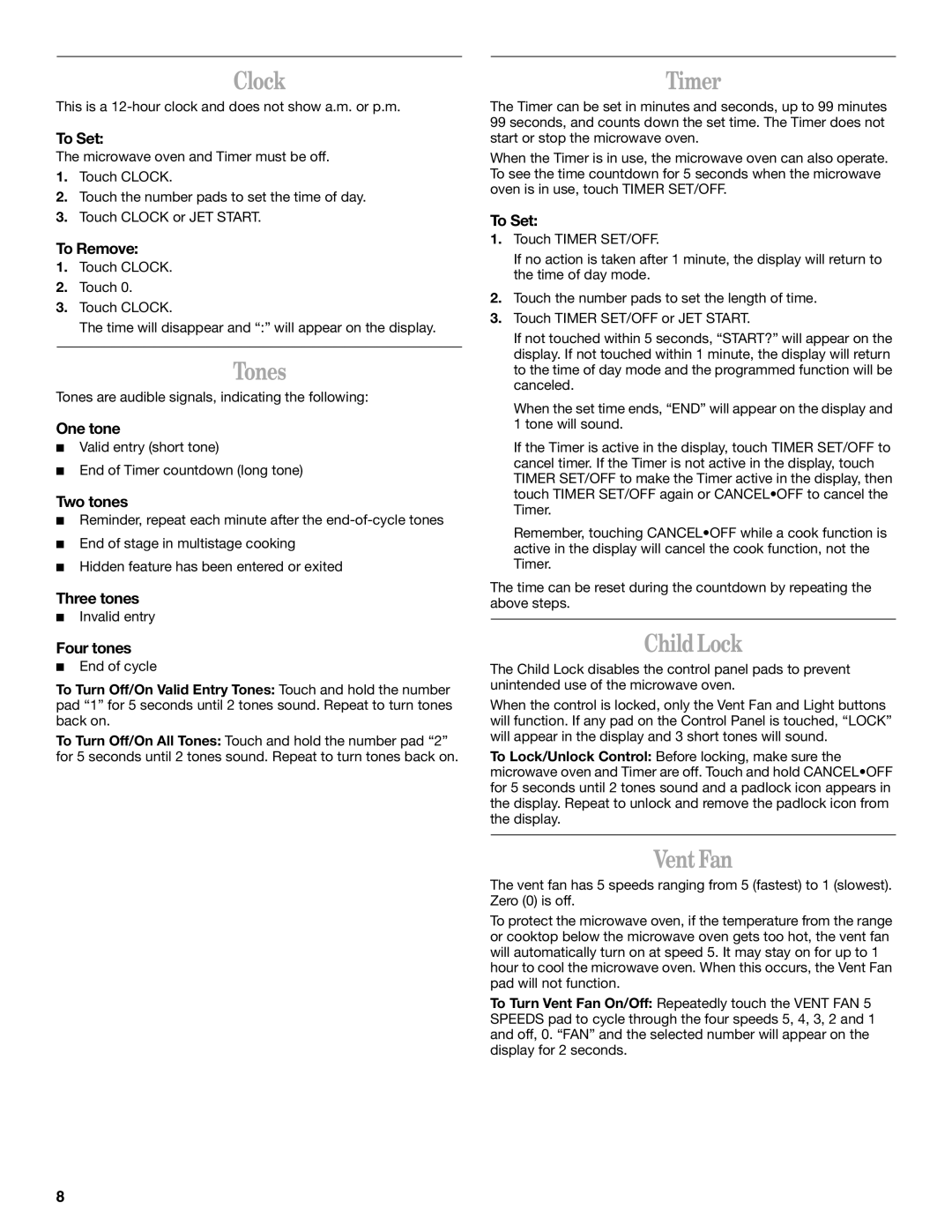 Whirlpool GH9176XM manual Clock, Tones, Timer, Child Lock, Vent Fan 