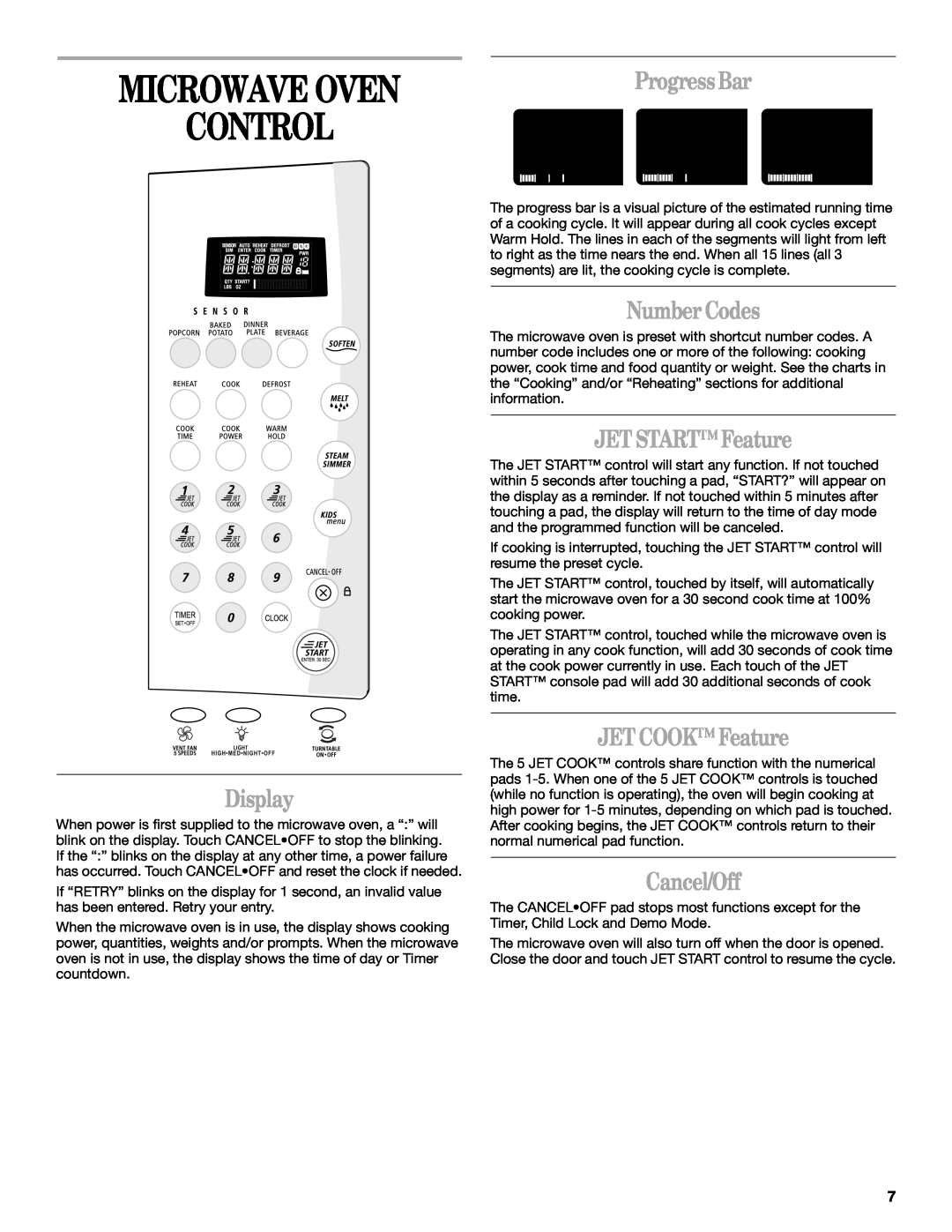 Whirlpool GH9176XM manual Microwave Oven Control, Progress Bar, Display, Number Codes, JET START Feature, JET COOK Feature 