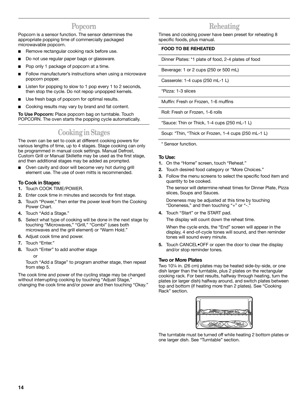 Whirlpool GH9177XL manual Popcorn, Cooking in Stages, Reheating 