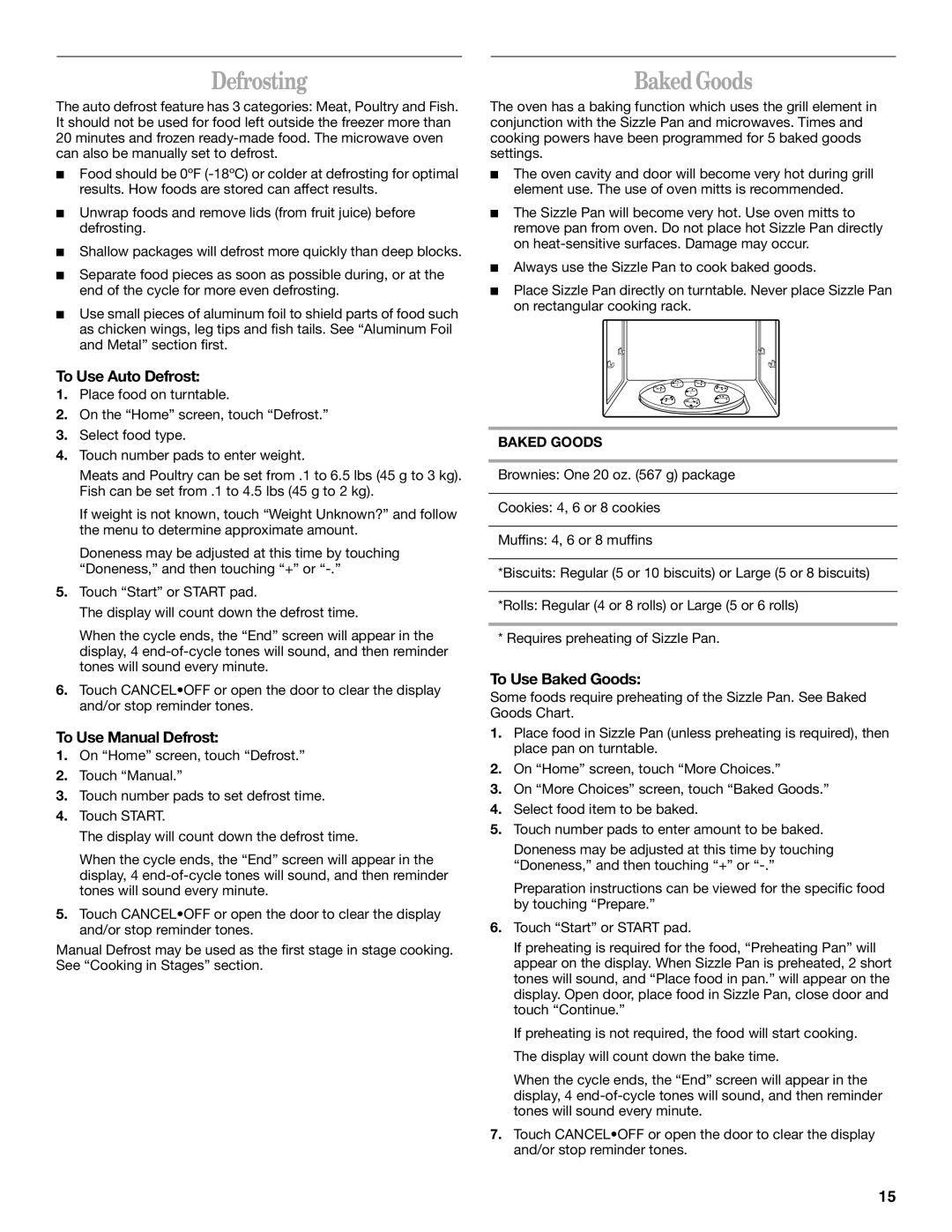 Whirlpool GH9177XL manual Defrosting, To Use Auto Defrost, To Use Manual Defrost, To Use Baked Goods 