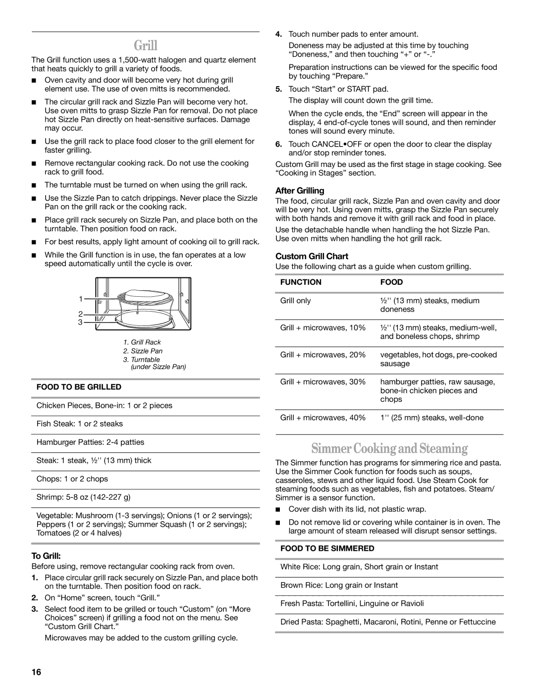 Whirlpool GH9177XL manual Simmer Cooking and Steaming, To Grill, After Grilling, Custom Grill Chart 