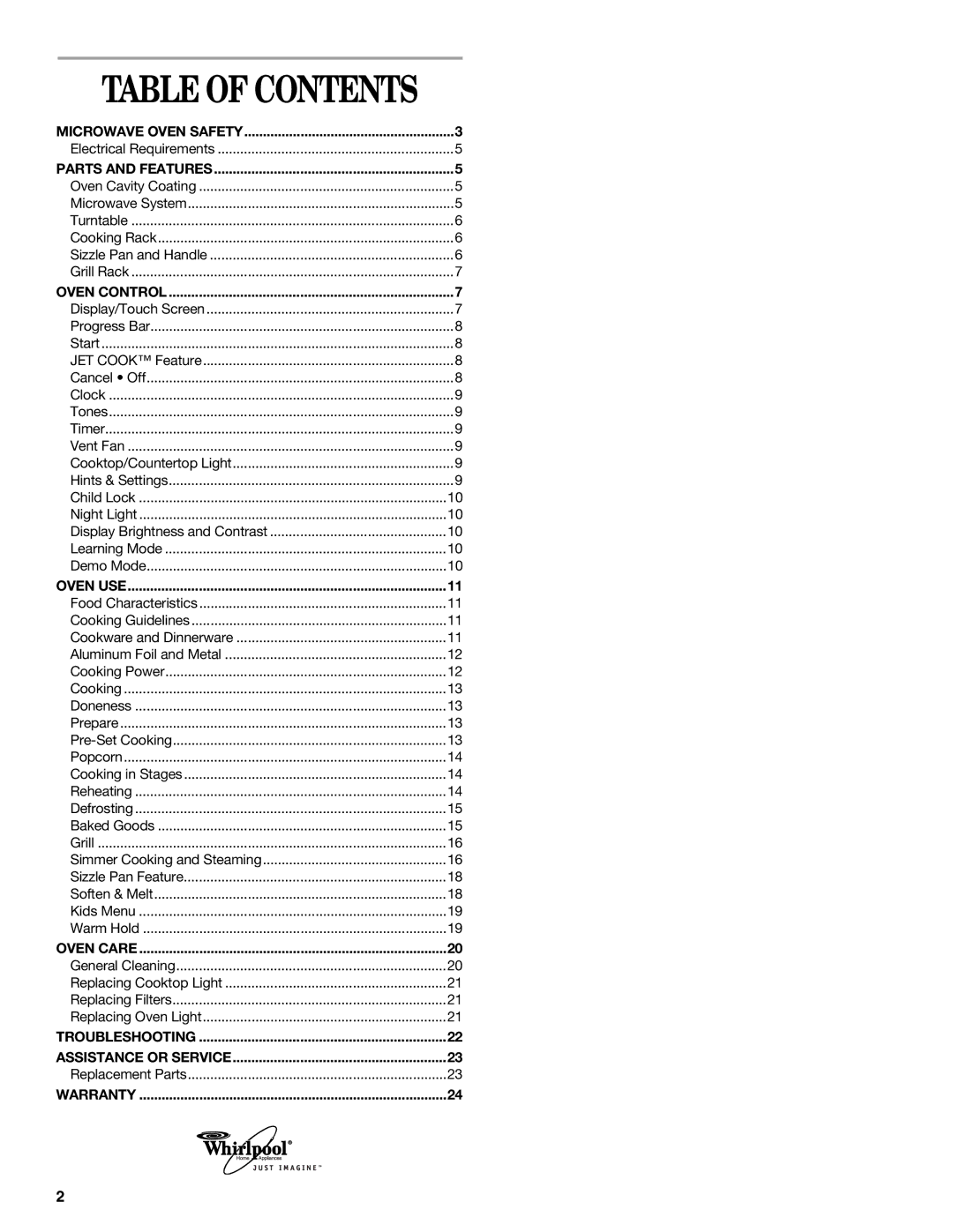 Whirlpool GH9177XL manual Table of Contents 