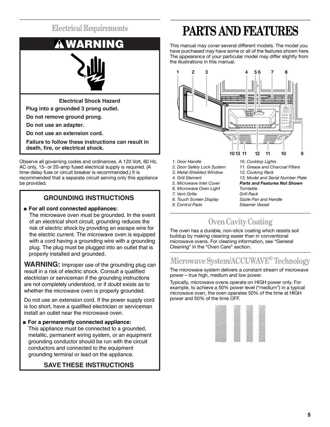 Whirlpool GH9177XL manual Parts and Features, Electrical Requirements, Oven Cavity Coating 