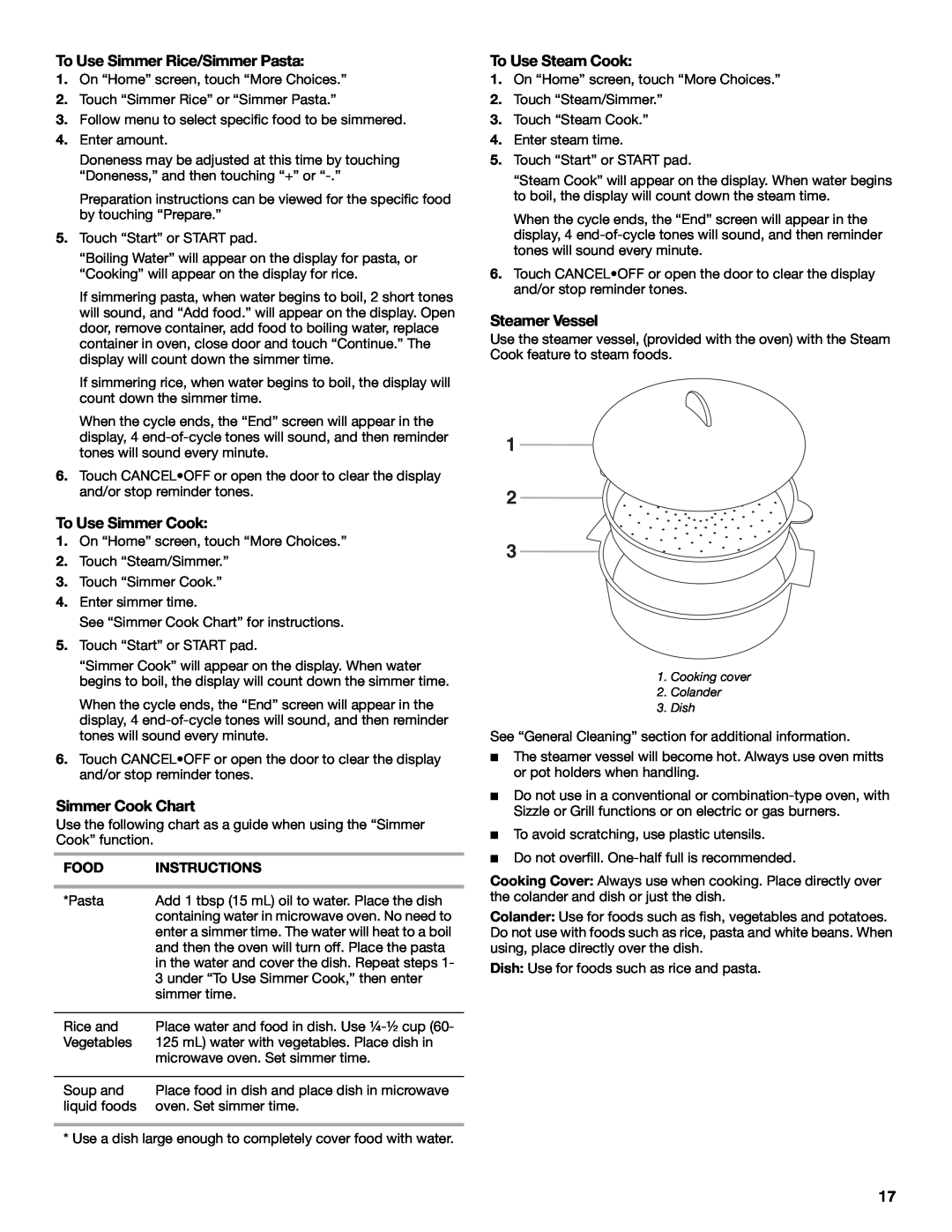 Whirlpool GH9177XL manual To Use Simmer Rice/Simmer Pasta, To Use Simmer Cook, Simmer Cook Chart, To Use Steam Cook 