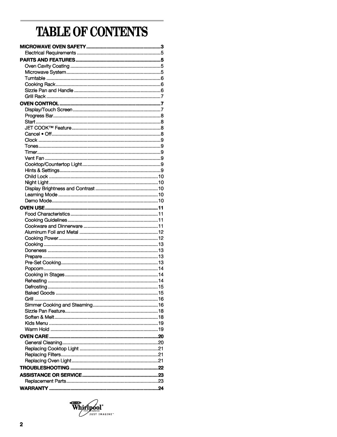 Whirlpool GH9177XL manual Table Of Contents 