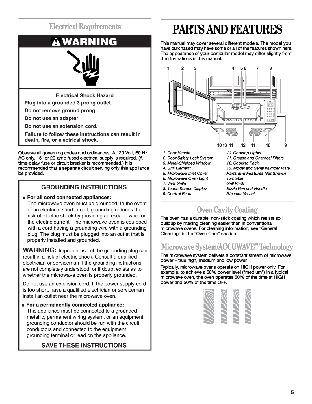 Whirlpool GH9177XL manual Parts And Features, Electrical Requirements, Oven Cavity Coating, Grounding Instructions 