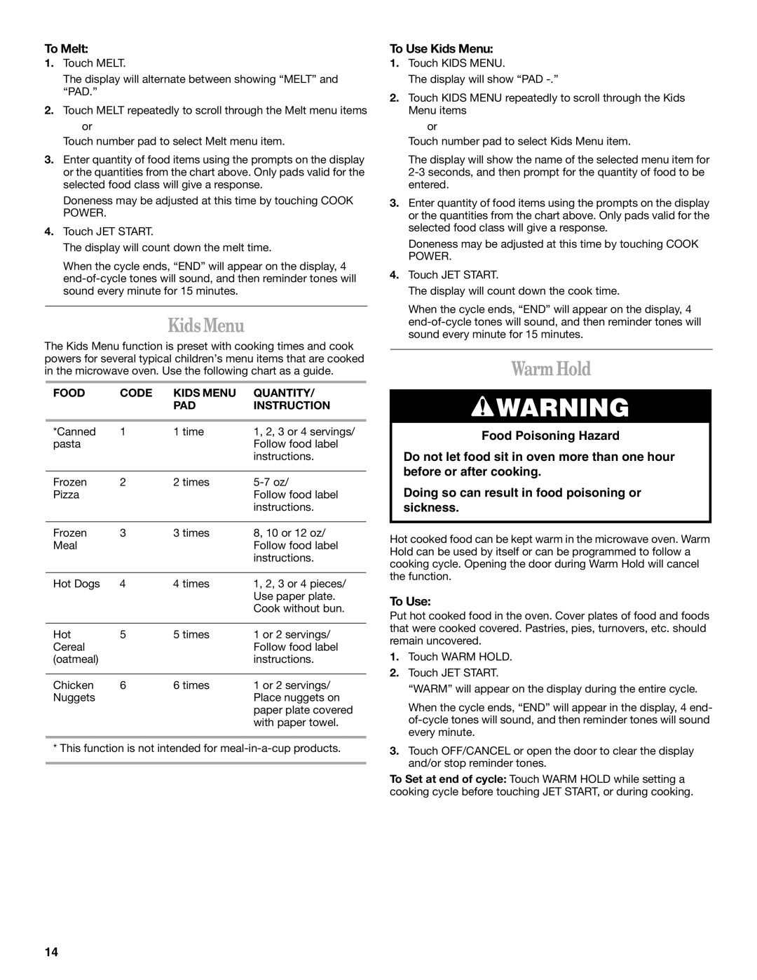 Whirlpool GH9184XL manual Warm Hold, To Melt, To Use Kids Menu, Food Code Kids Menu Quantity PAD Instruction 