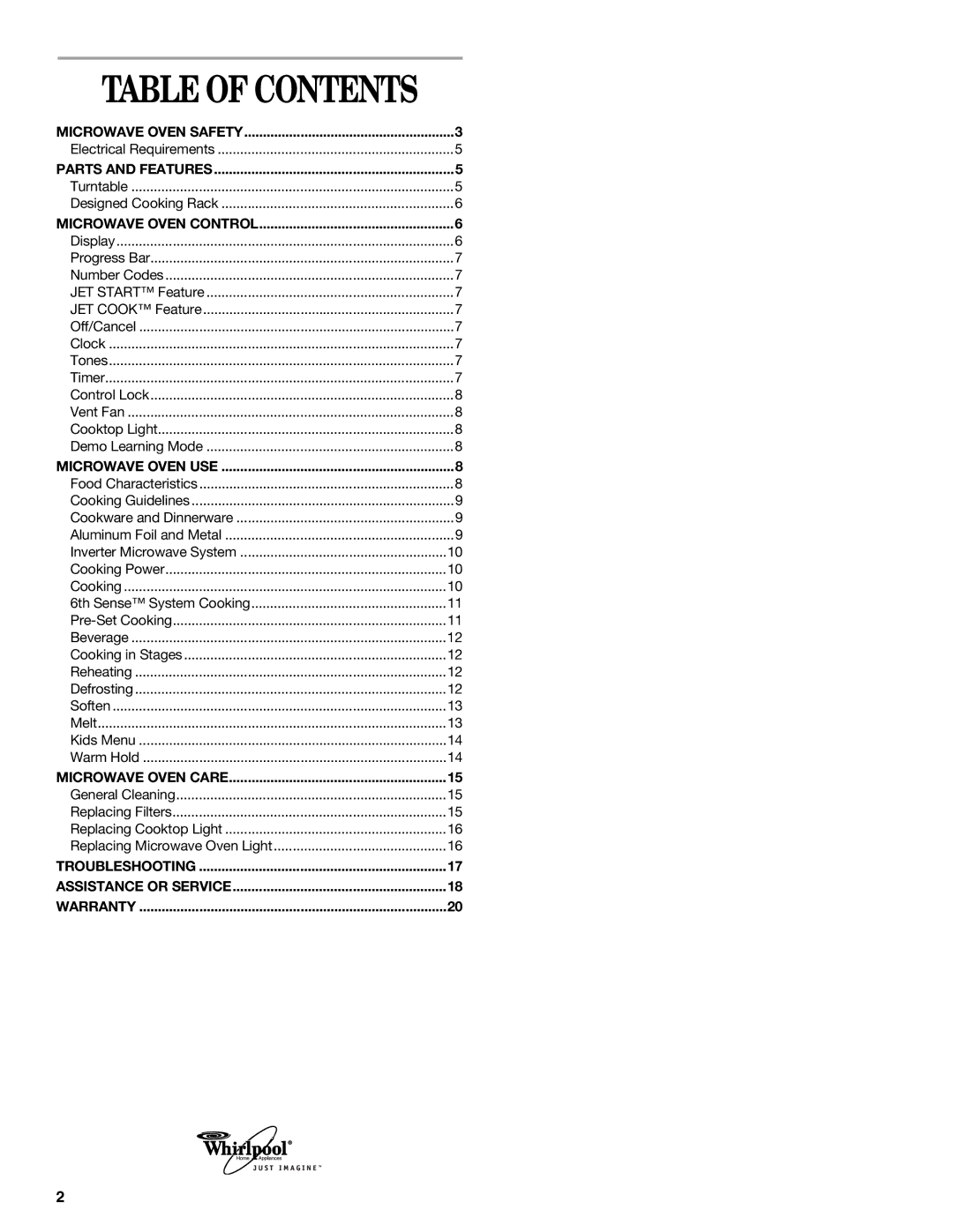 Whirlpool GH9184XL manual Table of Contents 