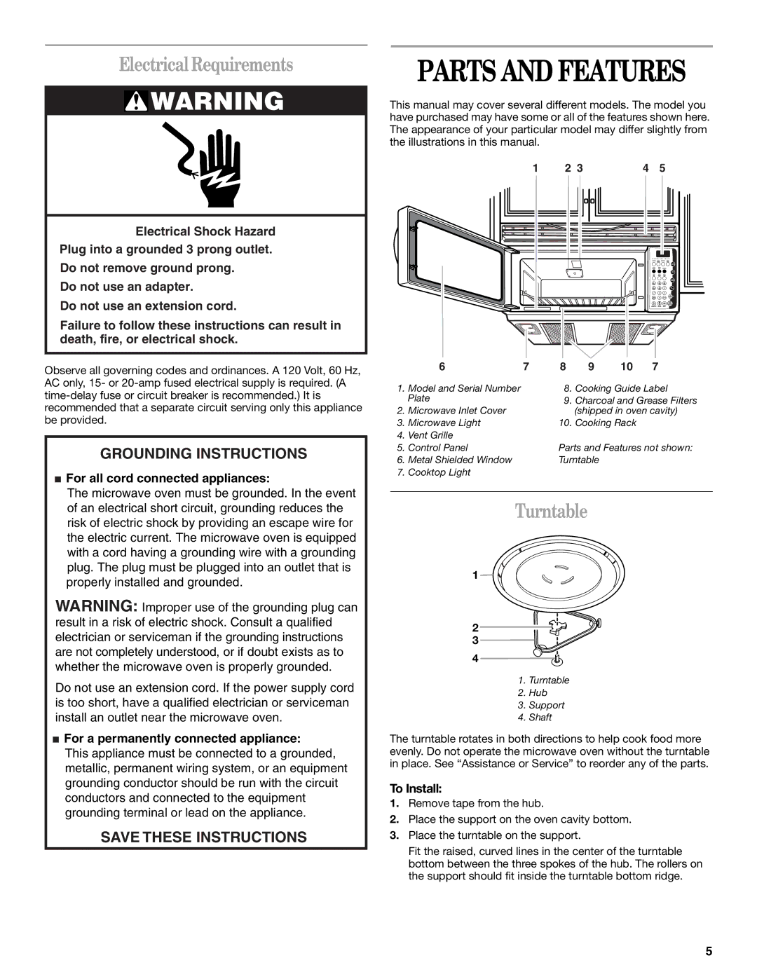 Whirlpool GH9184XL manual Parts and Features, Electrical Requirements, Turntable, To Install 