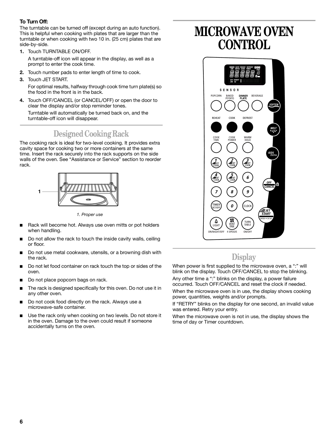 Whirlpool GH9184XL manual Microwave Oven Control, DesignedCooking Rack, Display, To Turn Off 