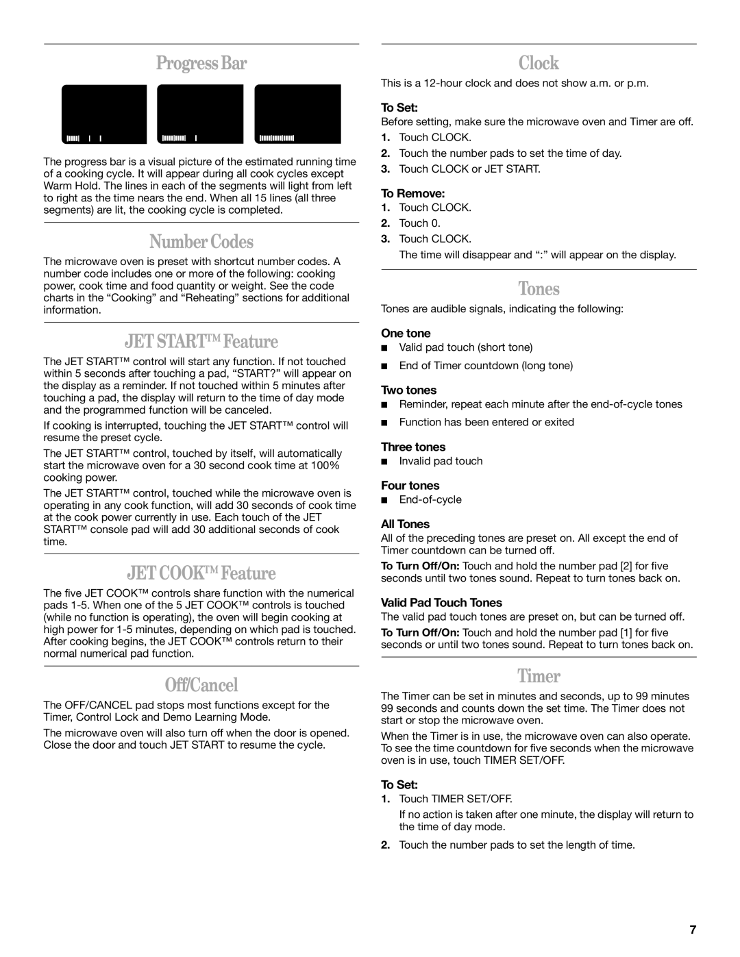 Whirlpool GH9184XL manual ProgressBar, Number Codes, JET Start Feature, JET Cook Feature, Off/Cancel, Clock, Tones, Timer 