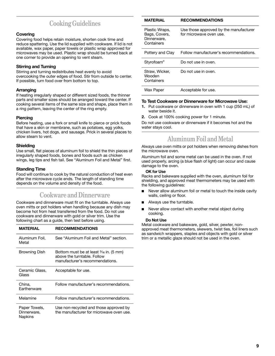 Whirlpool GH9184XL manual CookingGuidelines, CookwareandDinnerware, Aluminum Foil and Metal 