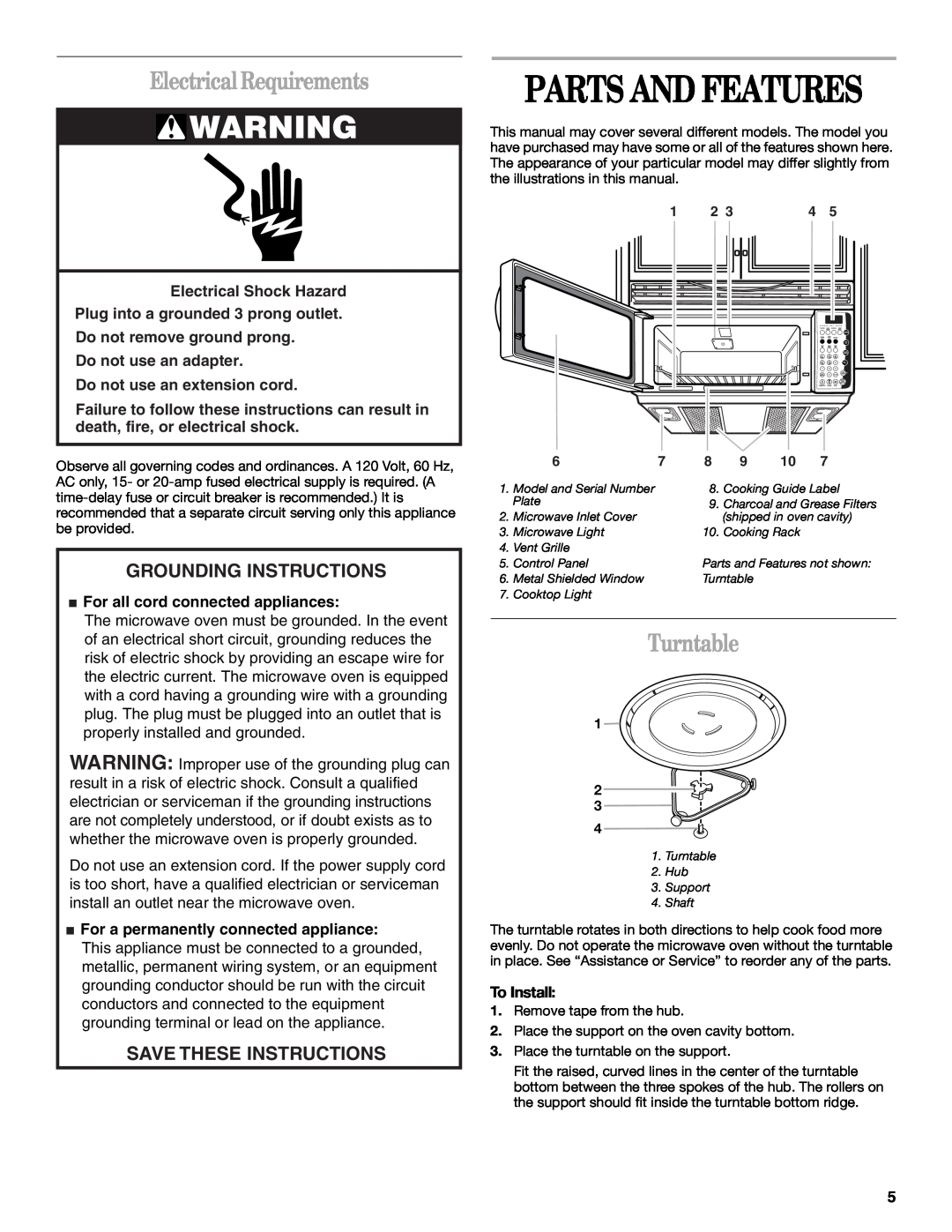 Whirlpool GH9184XL Parts And Features, Electrical Requirements, Turntable, Grounding Instructions, Save These Instructions 