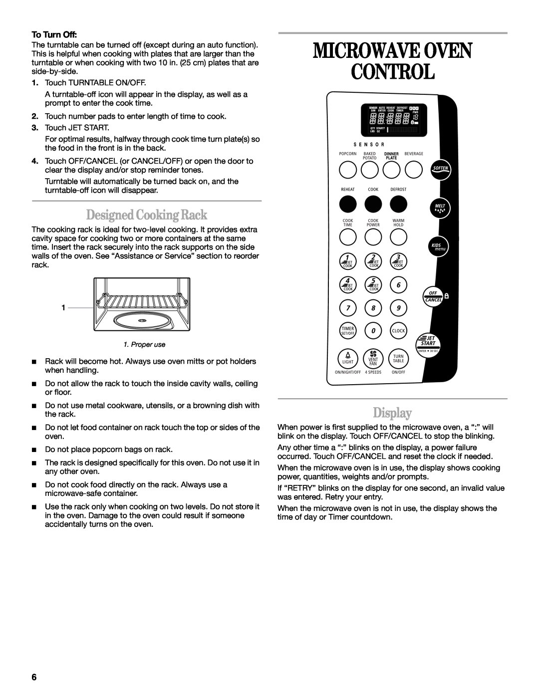 Whirlpool GH9184XL manual Microwave Oven Control, DesignedCooking Rack, Display, To Turn Off 