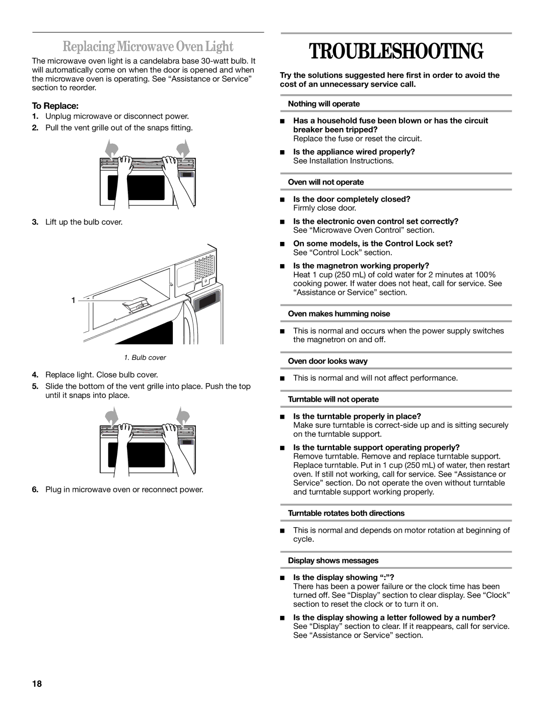 Whirlpool GH9185XL manual Troubleshooting, Replacing Microwave Oven Light 