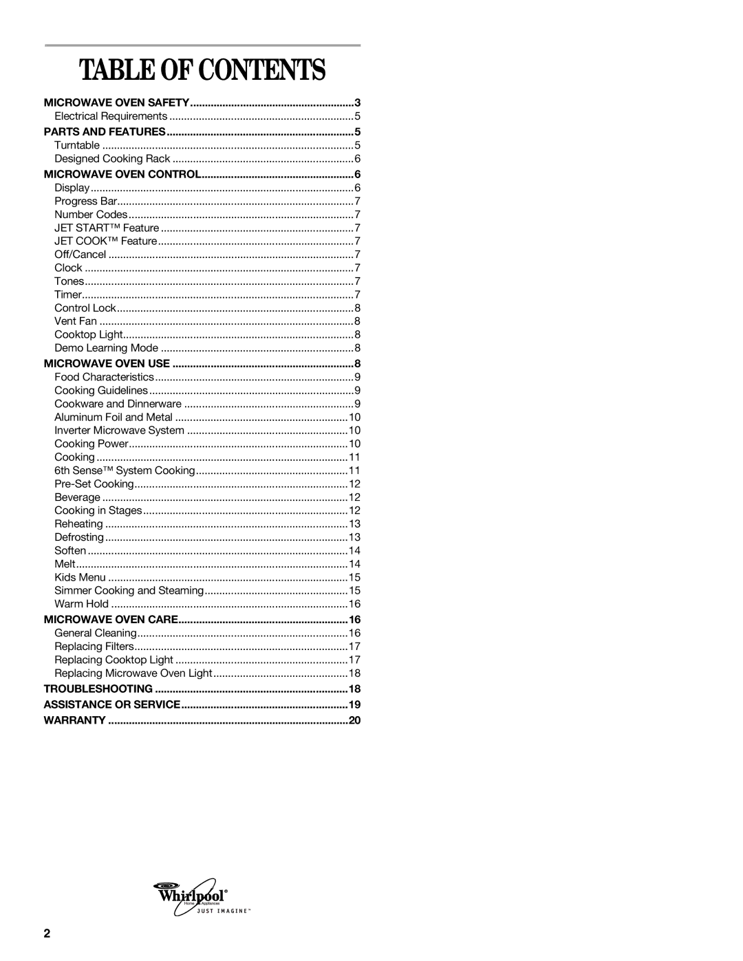 Whirlpool GH9185XL manual Table of Contents 