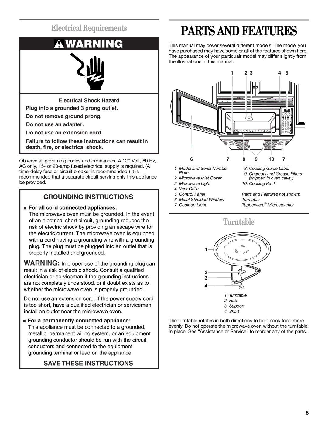 Whirlpool GH9185XL manual Parts and Features, Electrical Requirements, Turntable 