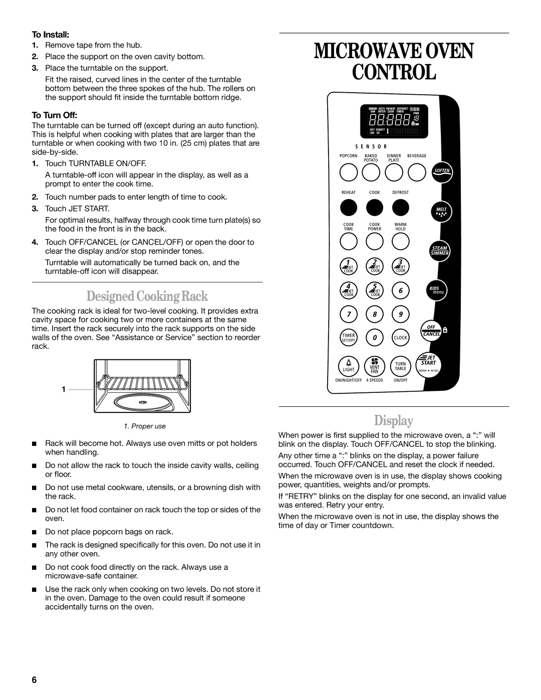 Whirlpool GH9185XL manual Microwave Oven Control, DesignedCooking Rack, Display, To Install, To Turn Off 